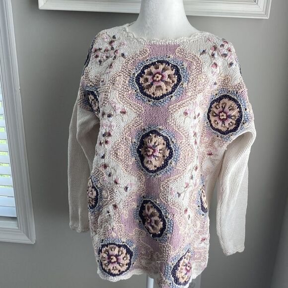 Vintage Jennifer Reed Hand Knit Embroidered Floral Winter Sweater Medium - Picture 2 of 16